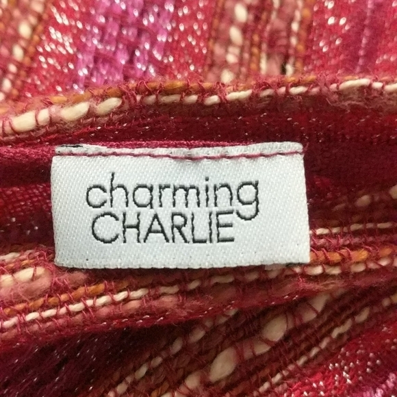 Charming Charlie Pink Red Silver Metallic Thread Woven Scarf with Fringe - Picture 4 of 5